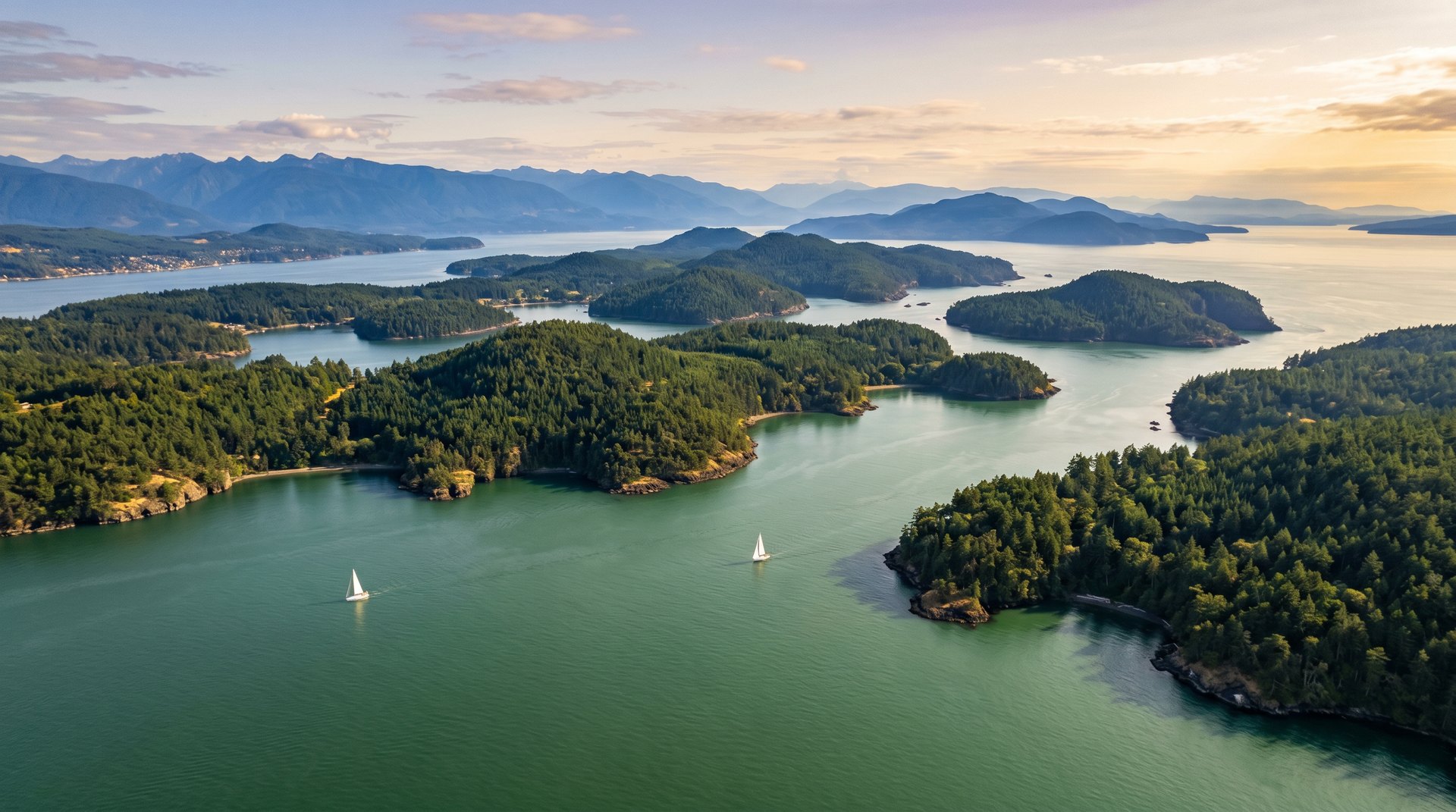 Aerial view of the San Juan Islands at golden hour