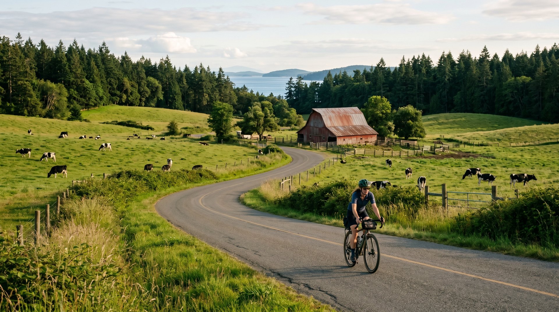 Cyclist on a quiet rural road on Lopez Island