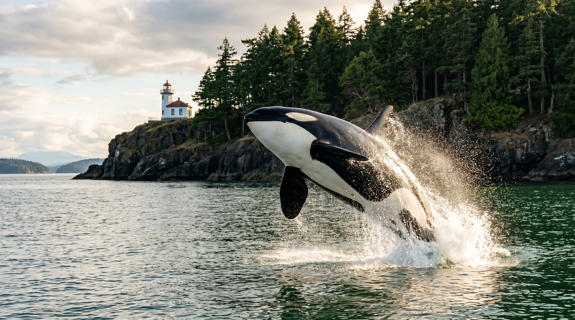 Orca whale breaching with Lime Kiln Lighthouse in background