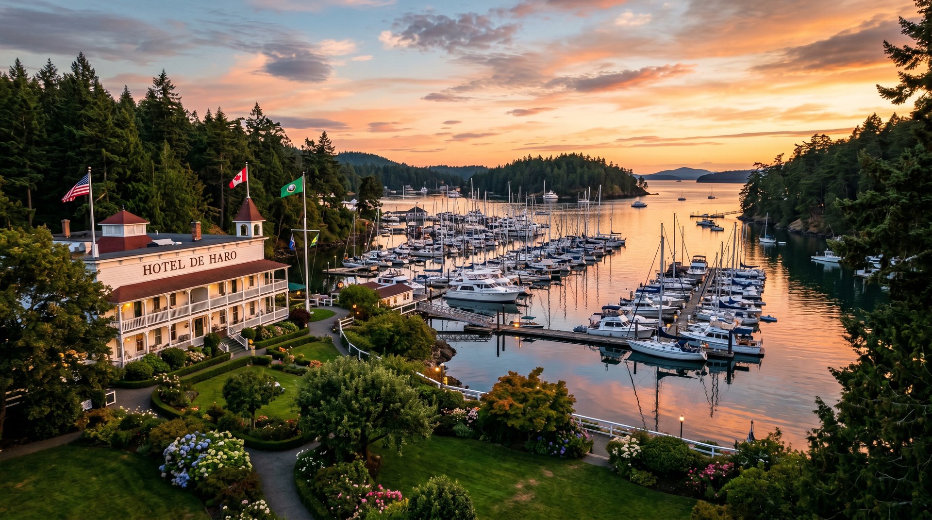 Roche Harbor at sunset with Hotel de Haro and the marina