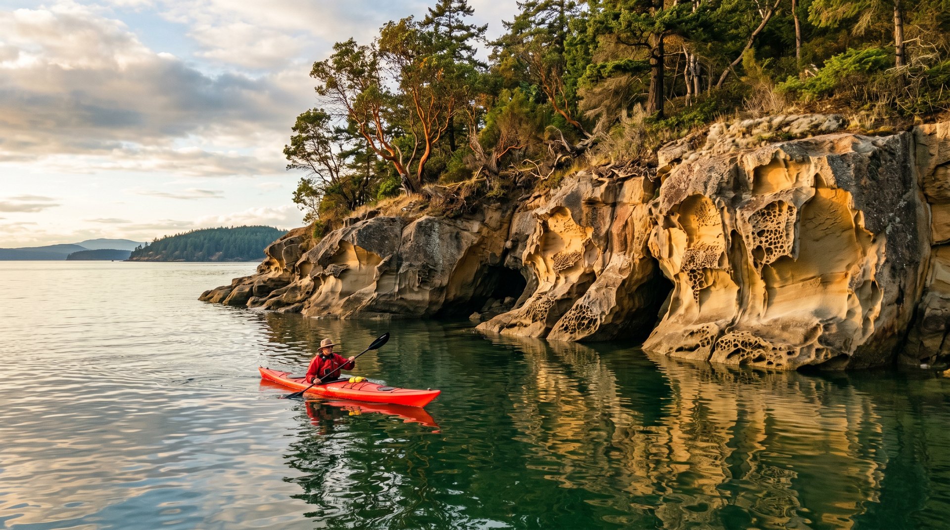 Kayaker paddling past sandstone cliffs of Sucia Island
