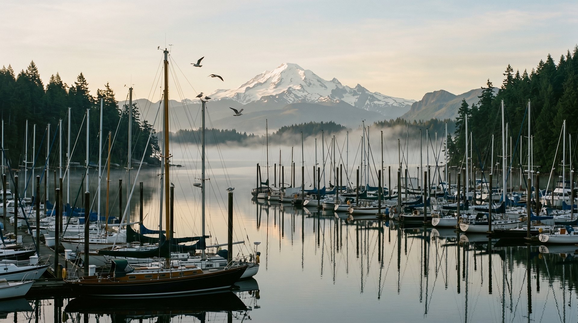 Sailboat masts in a Bellingham harbor at first light with Mount Baker across the bay