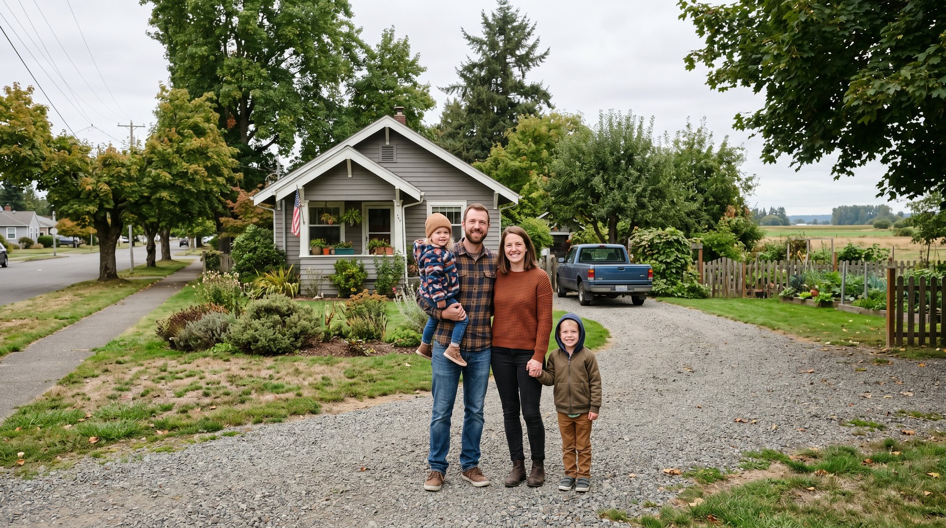 Young family in front of an affordable single-family home on a Sumas WA residential street