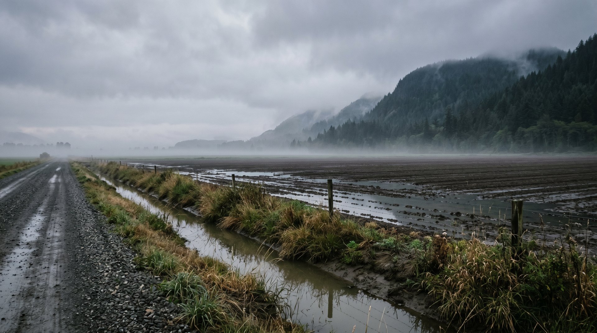 Flat low-lying farmland near Sumas WA with drainage ditch and forested foothills in background