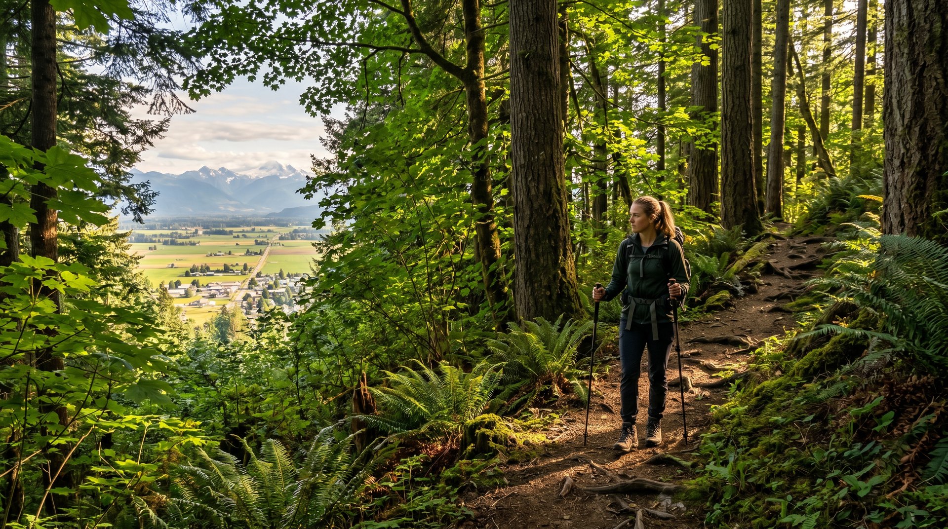 Hiker on a forested foothill trail near Sumas WA with valley farmland visible below through the trees