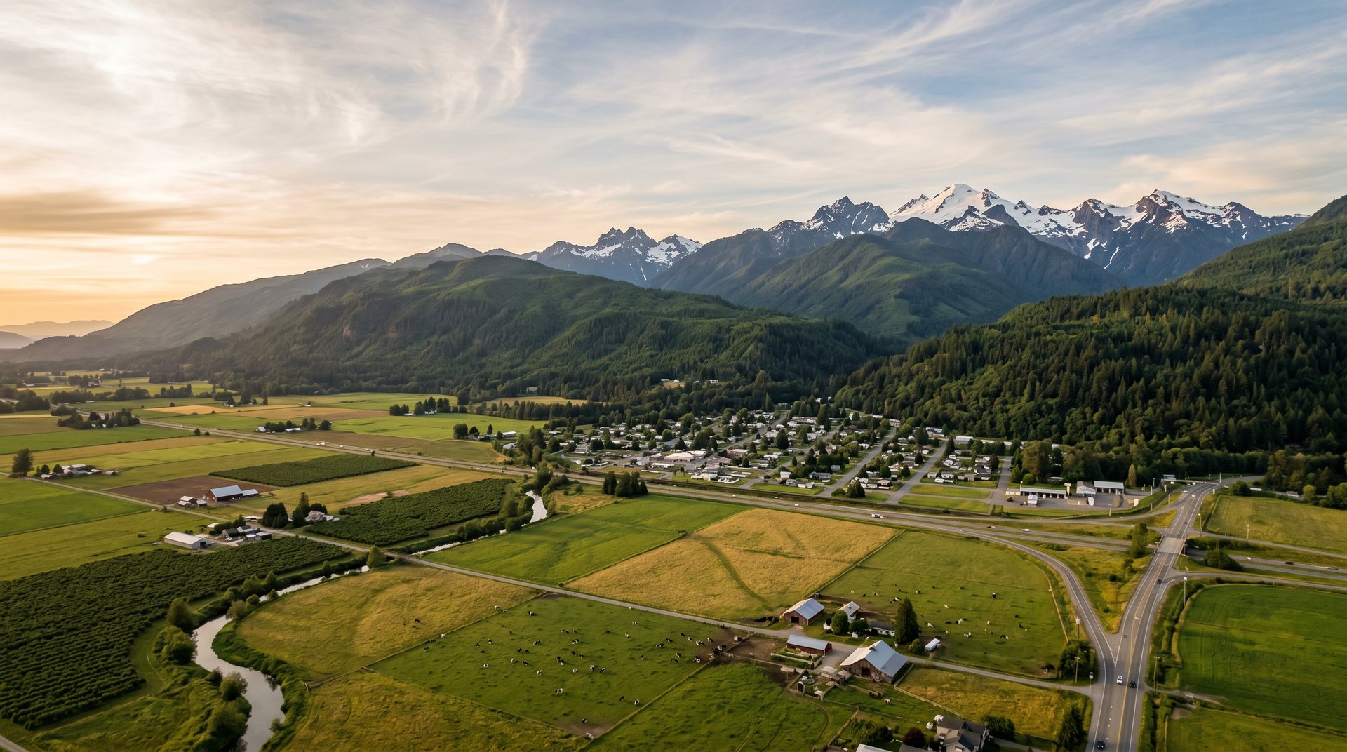 Golden-hour vista of Sumas WA at the foot of forested Cascade foothills with farmland in the foreground