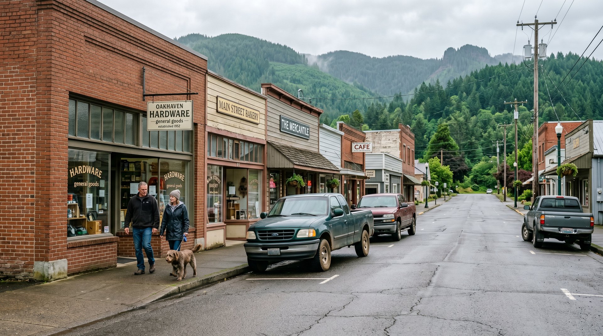 Quiet main street in Sumas WA on a bright morning with pickup trucks and modest storefronts