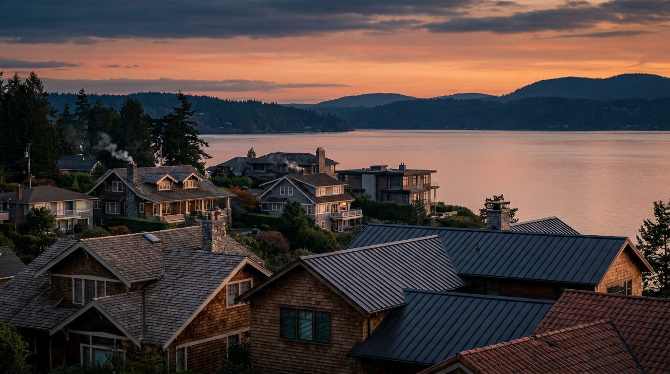 Rooftops over the bay at dusk in Whatcom County