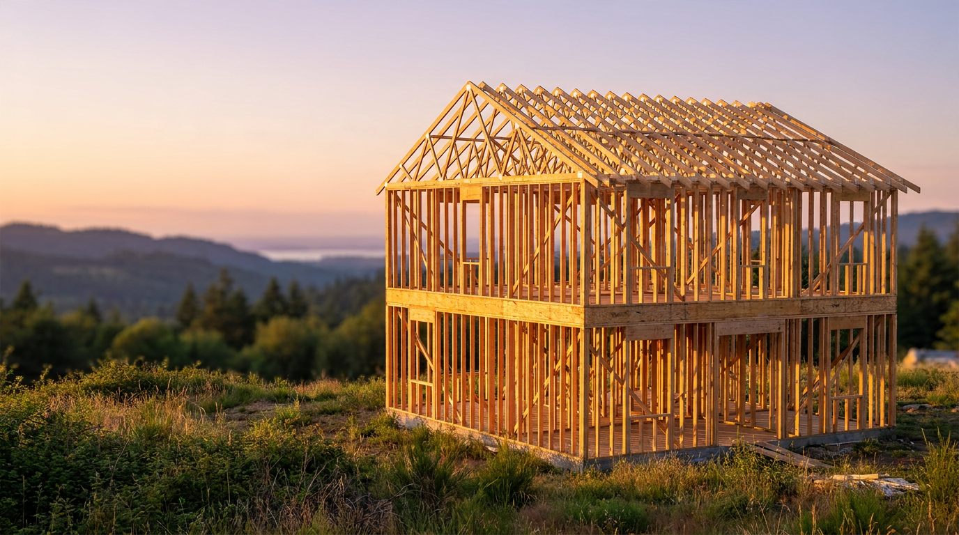 A newly framed home in Whatcom County at golden hour