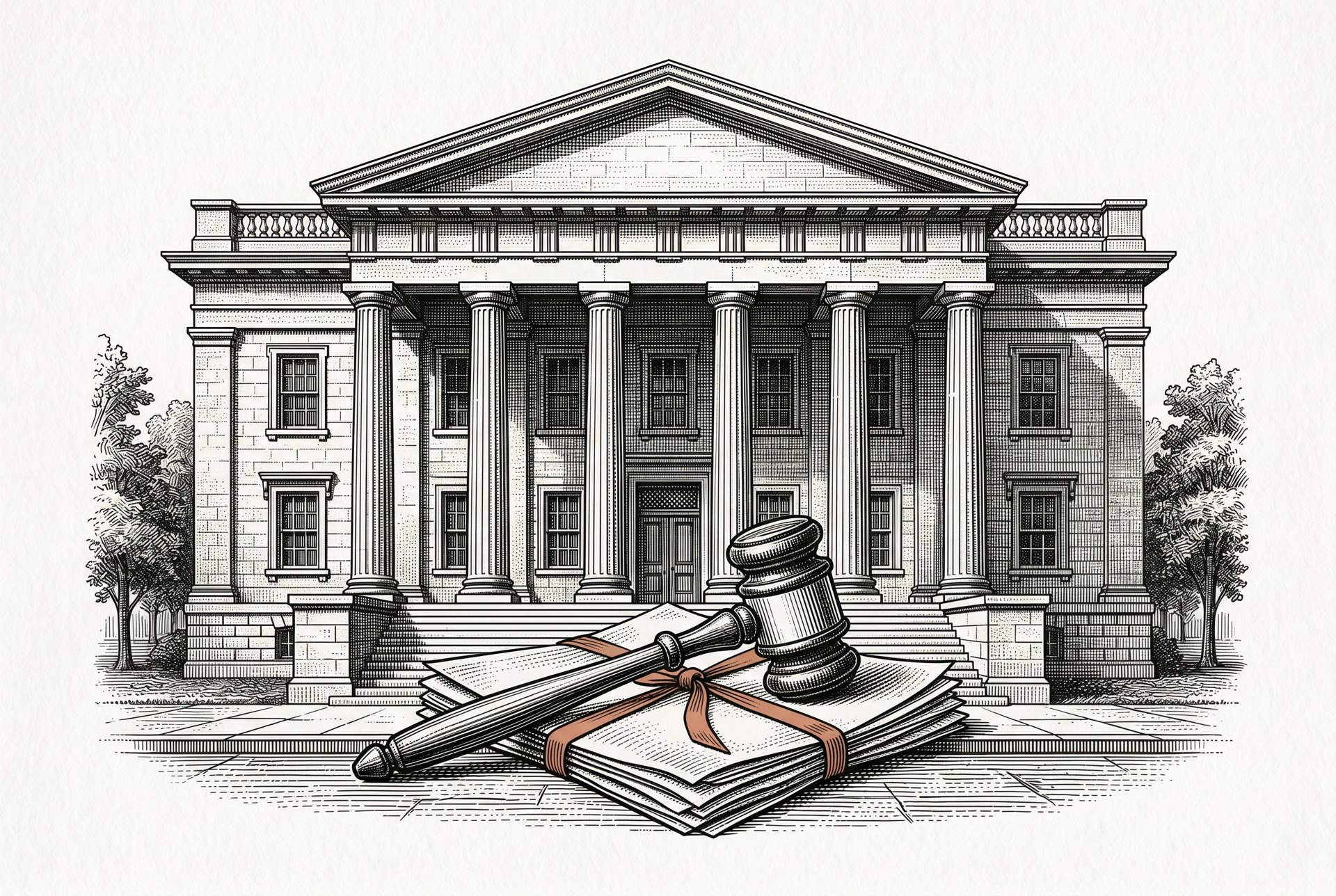 Engraved courthouse steps with an auction gavel resting on deed papers