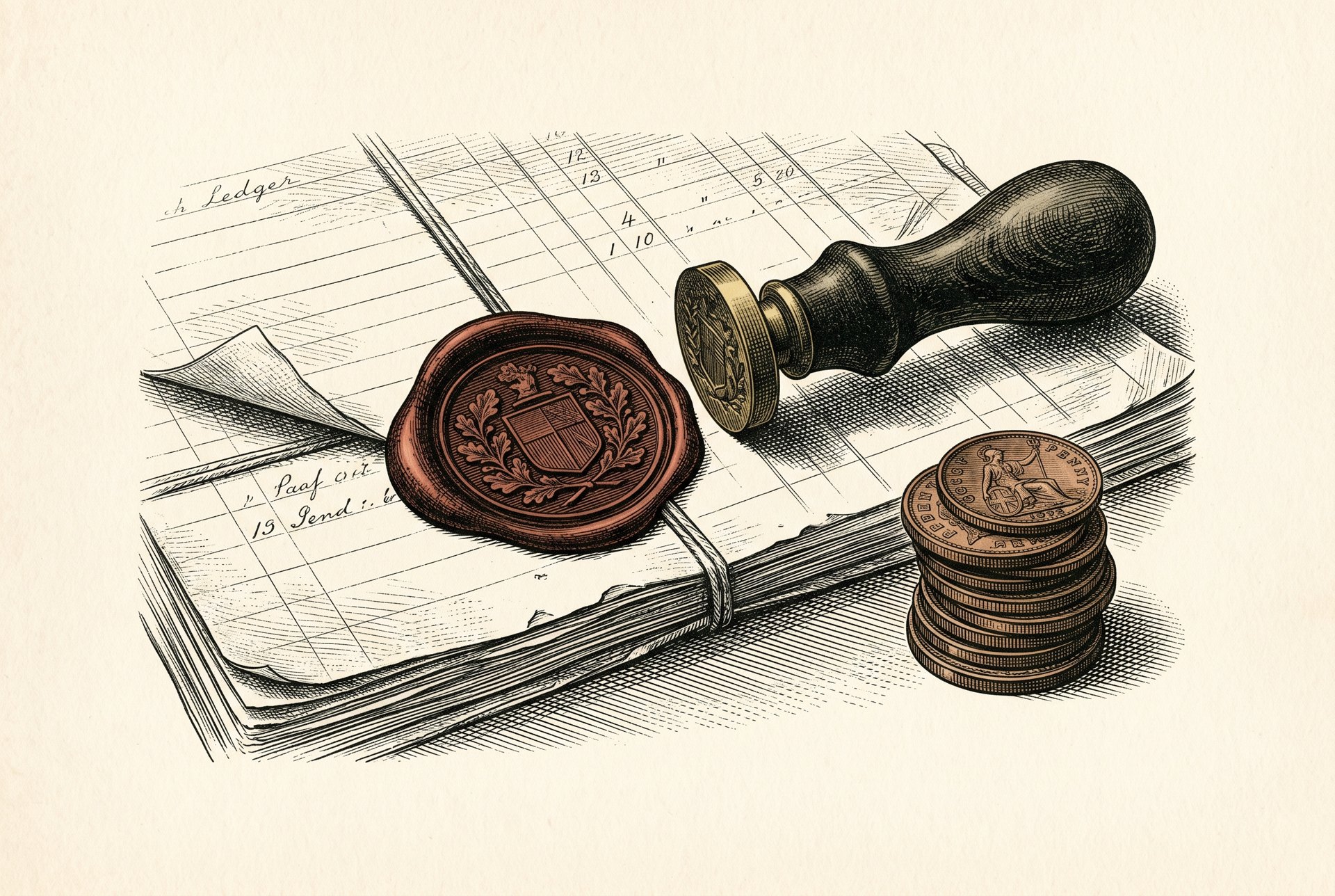 Engraved still life of a tax stamp seal on property ledger papers for Washington REET