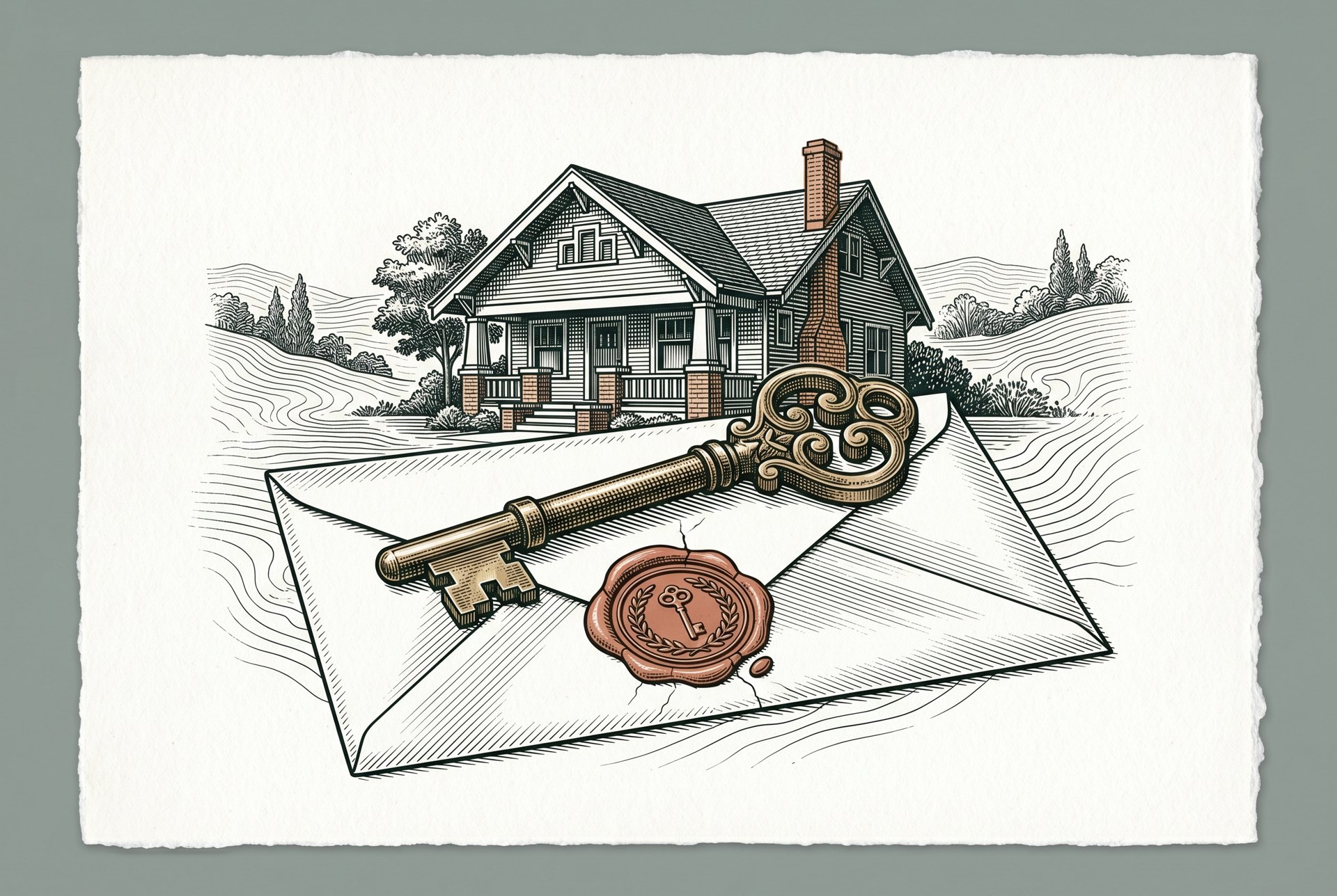 Engraved still life of a brass house key on an accepted Whatcom County purchase offer