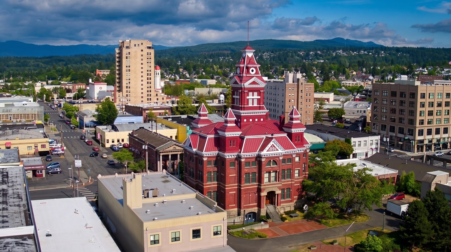 Drone orbit of the historic 1892 Whatcom Museum building in downtown Bellingham