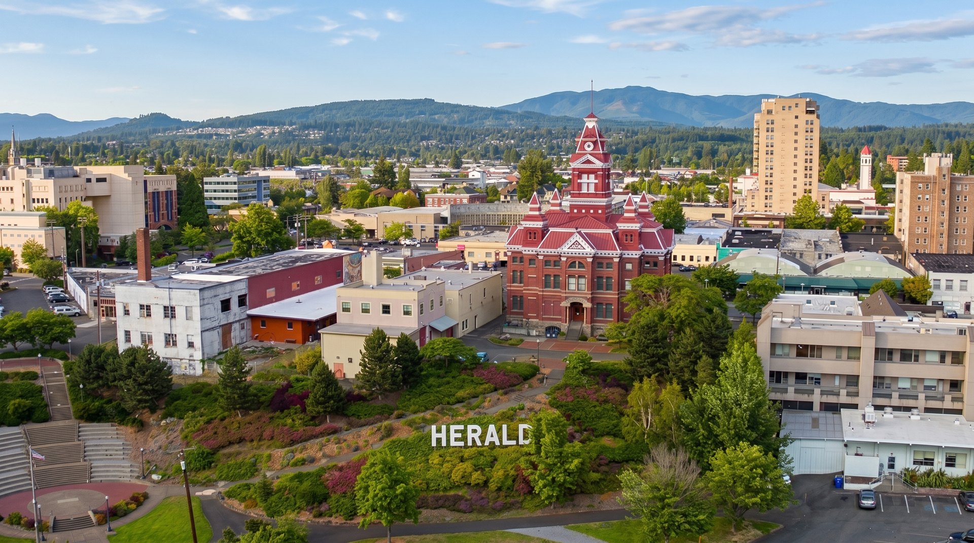 The 1892 old city hall, now the Whatcom Museum, above the amphitheater gardens in downtown Bellingham